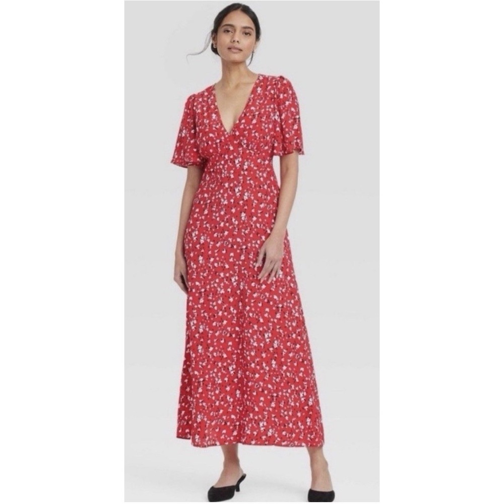 A New Day‎ Red Floral V-Neck Maxi Dress Size 4 Side Zip Short Sleeve NWT